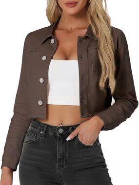 Women's Coffee Cropped Frayed Hem Turndown Collar Button Up Trendy Denim Jacket